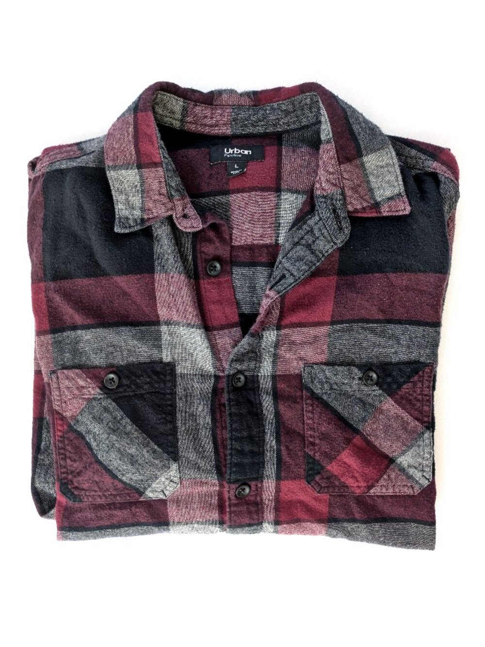 Urban Pipeline Plaid Shirt - Men's L - Red and Black Flannel Button-Up Pockets